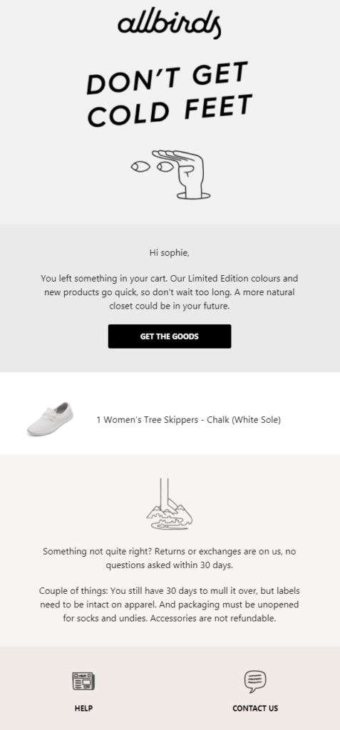 allbirds cart abandoment email