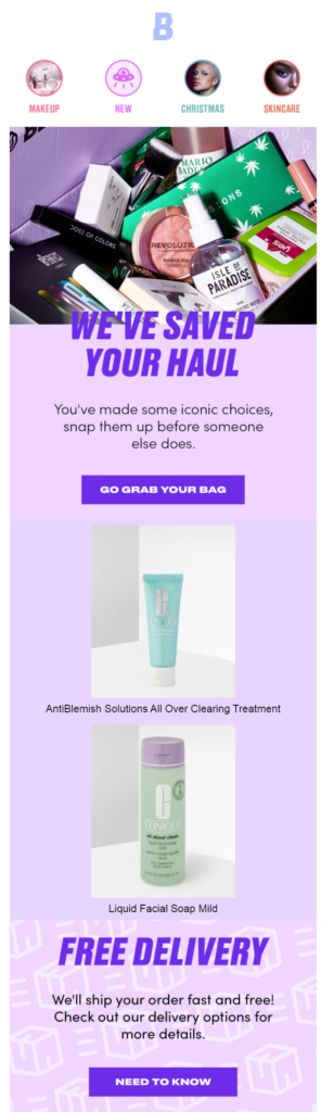 Beauty Bay abandoned cart email example