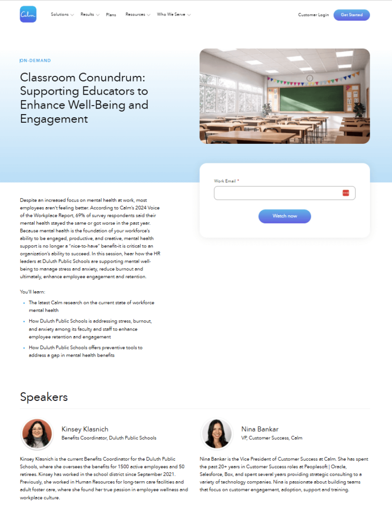 Calm landing page example