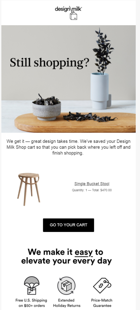 Design Milk abandoned cart email example