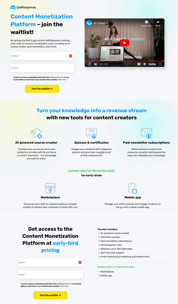 getresponse waitlist landing page example