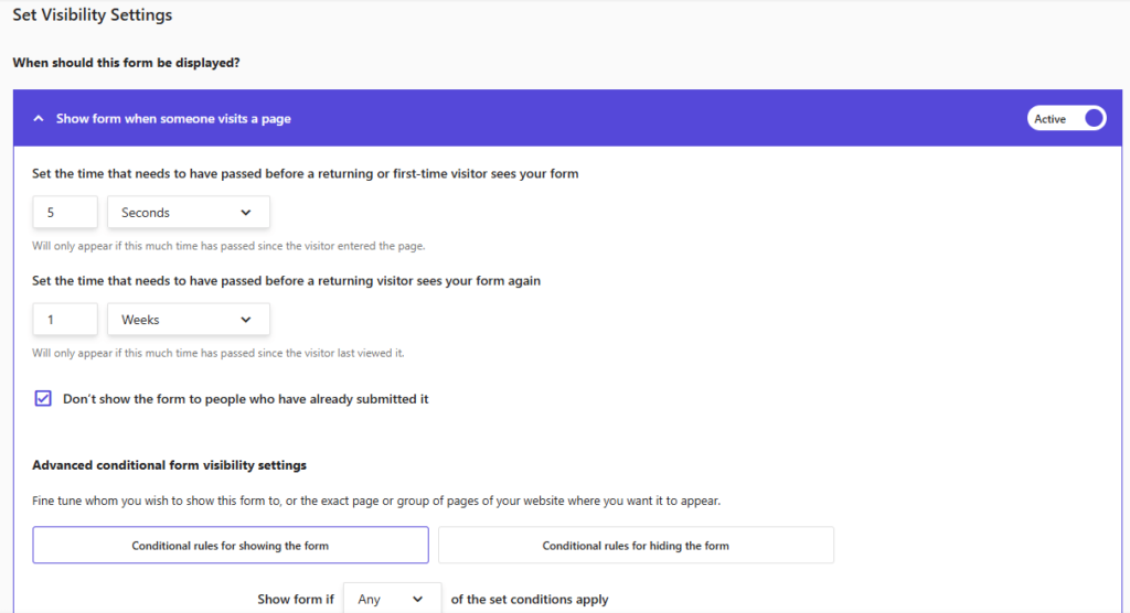 Moosend's form visibility settings Moosend's form visibility settings