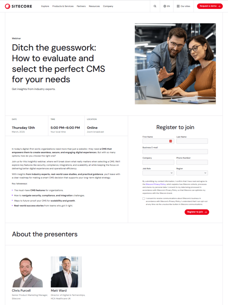 Sitecore webinar landing page example
