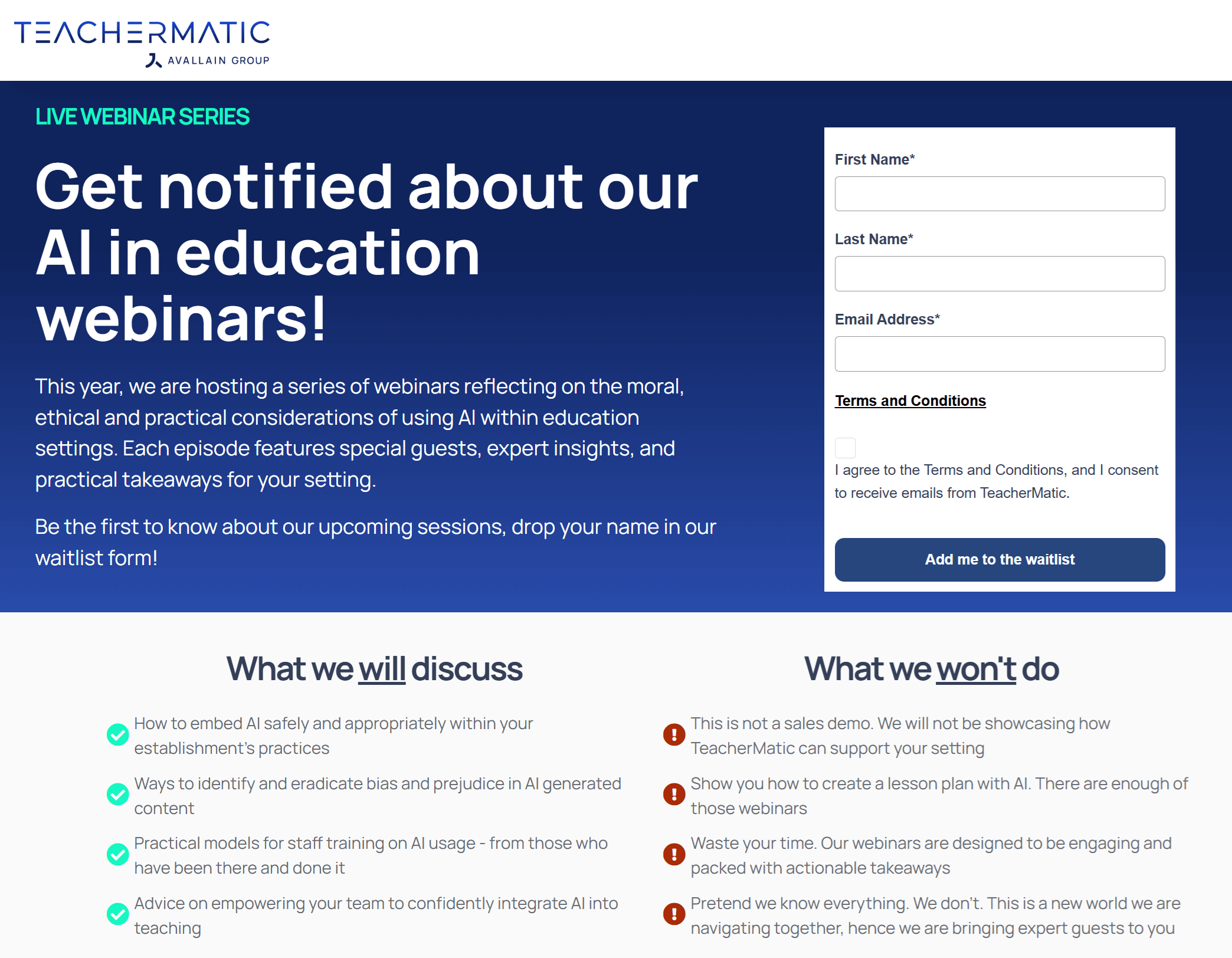 teachermatic webinar waitlist landing page