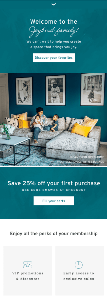 Joybird welcome email example