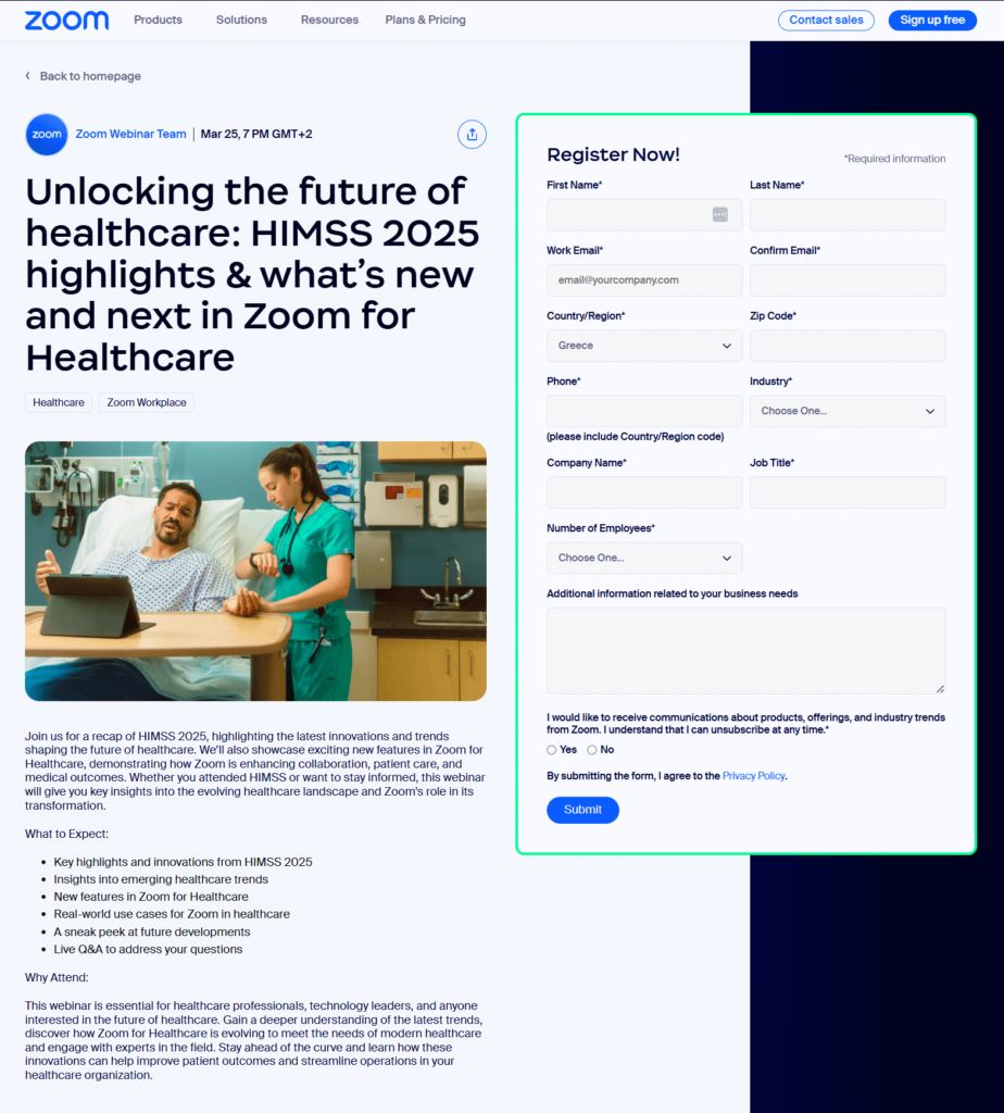 Zoom webinar landing page example